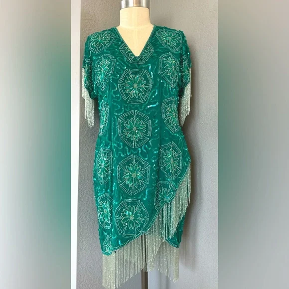 green emerald velvet dress Wren Green Sequin Midi Dress with Beaded Tassels – Frock and Frill main image 1